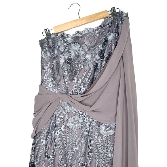 JS Collection Grey One-Shoulder Overlay Lace Gown Size 4 - Picture 3 of 8